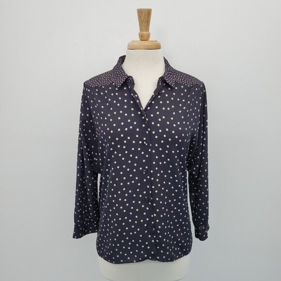 Zara Basic Womens Polka Dot Button Up 3/4 Sleeve Blouse Top Size L Navy Beige - Picture 1 of 16